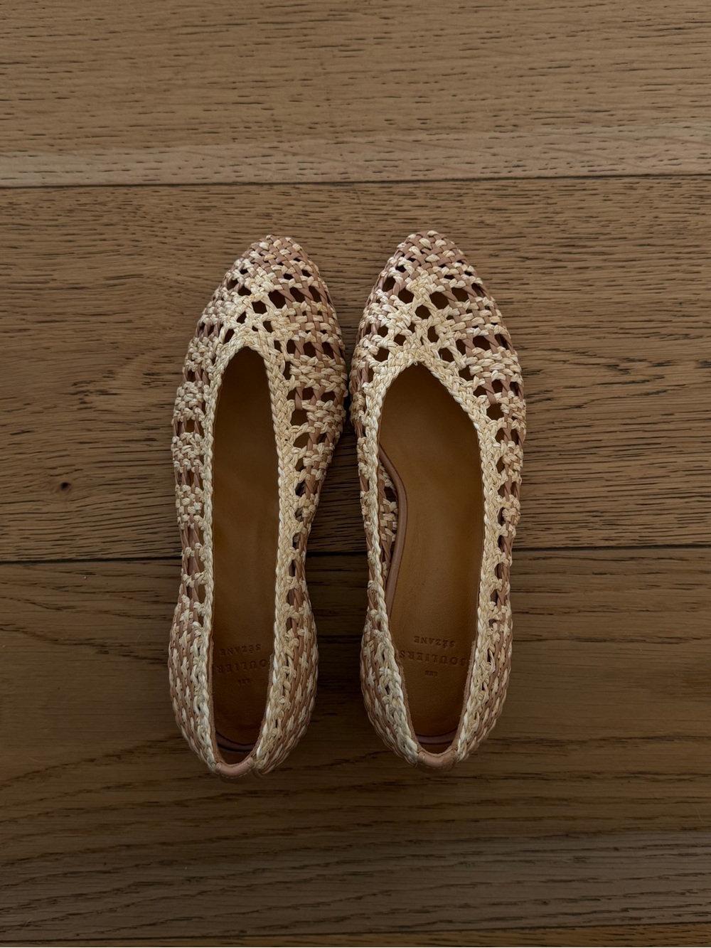 Woven Pointed Ballet Flats in Cream and Tan